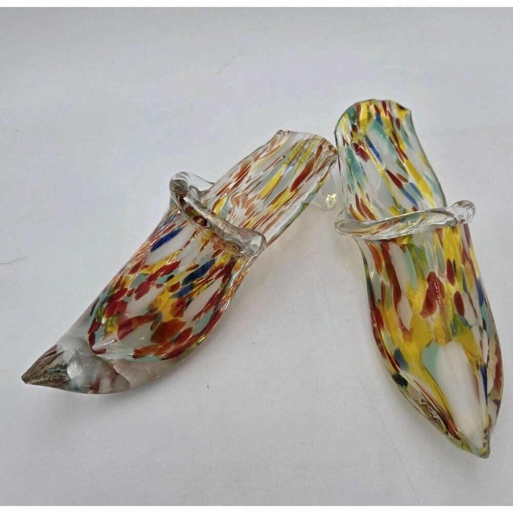 Pair Of Vintage Murano Style Italian Art Glass Slipper Heel Shoe Multicolor Chip